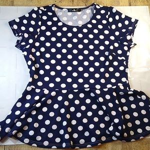 #594 women's 1X navy blue white polka dot stretch knit polyester peploom top